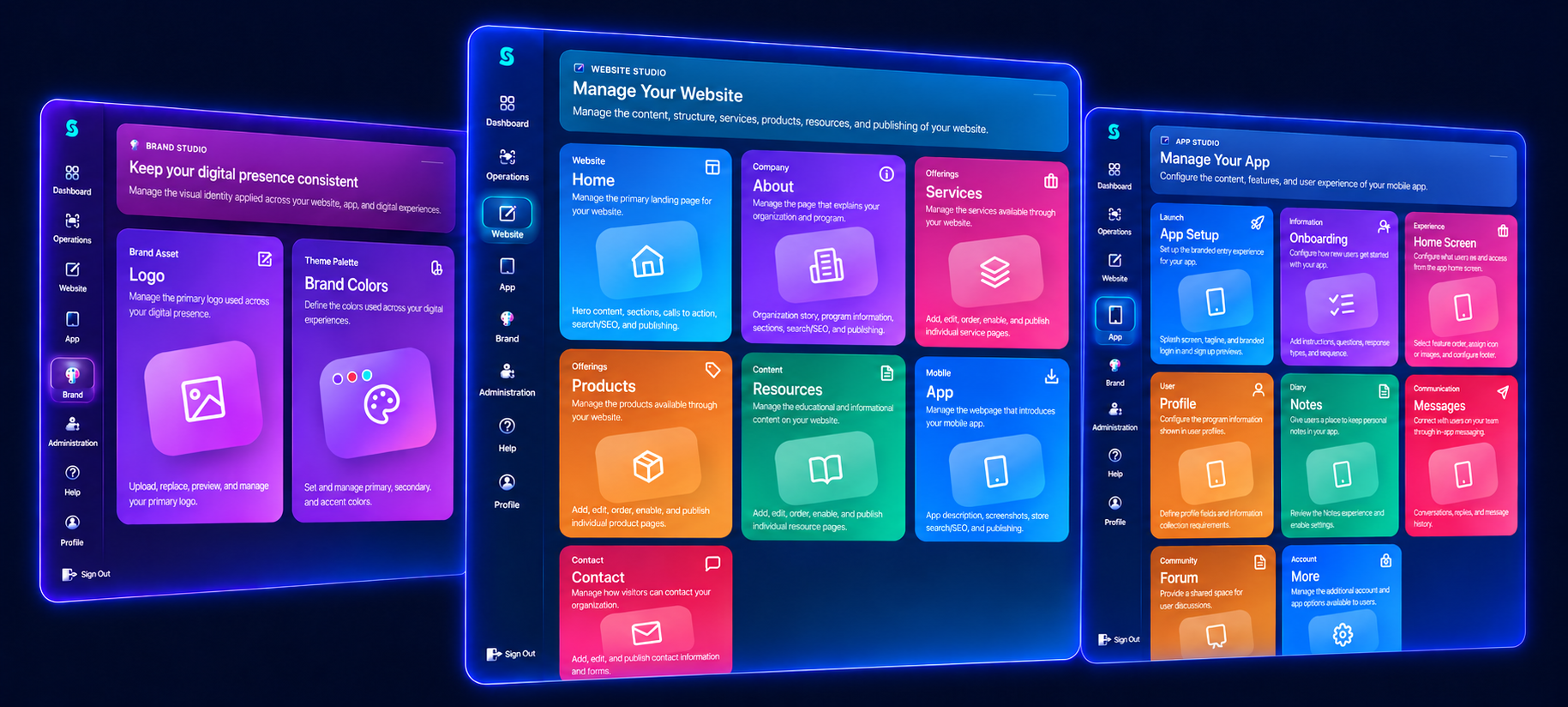 Stratoum experience layer showing Brand Studio, Website Studio, and App Studio configuration