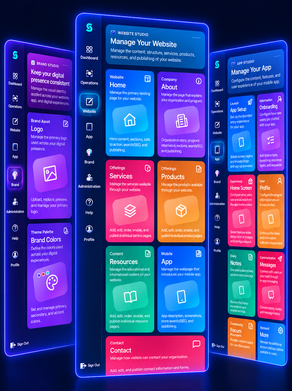 Stratoum experience layer showing Brand Studio, Website Studio, and App Studio configuration