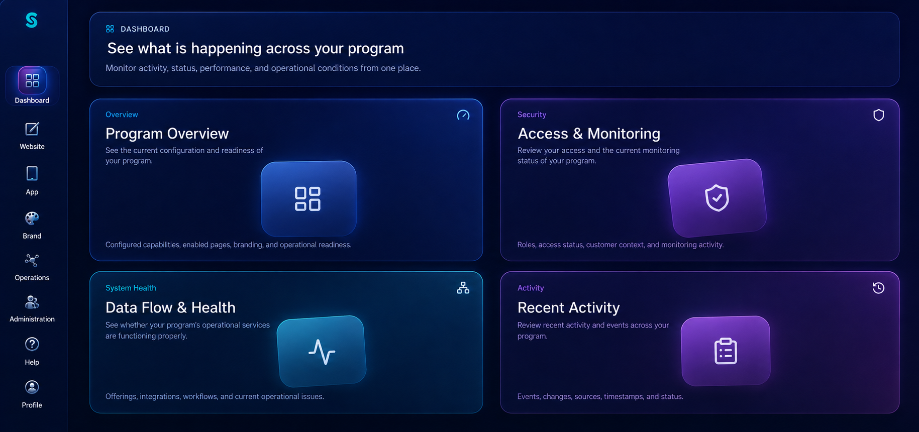 Stratoum Admin Portal dashboard showing program overview, access monitoring, system health, and recent activity
